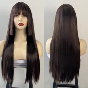 Front and back view of long straight brown hime-cut wig with flat bangs and side steps