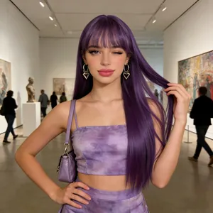 Long straight purple wig with air bangs on a model in a purple tie-dye outfit