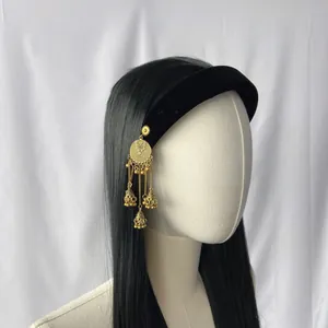 Ethnic gold jhumka style pendant headband on black long straight synthetic hair wig