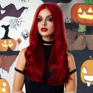 Perruque Longue Ondulée pour Femmes en Fibre Synthétique Résistante à la Chaleur Raie au Milieu Grandes Ondes Cosplay Halloween