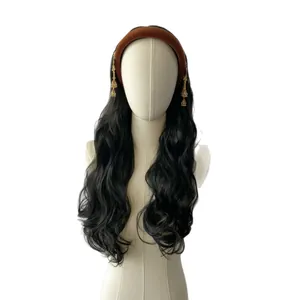Long wavy black wig with brown velvet headband and golden jhumka bell earrings