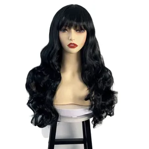 Long wavy black synthetic wig with air bangs on a model head over a minimalist white background