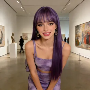 Detailed close-up of a long straight purple wig with bangs on a model in an art gallery