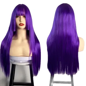 Long purple Hime cut straight wig with bangs shown in front and back views