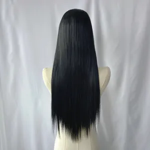 Detail view of smooth long black straight wig with natural V-shaped layered cut ends