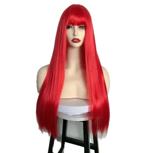 Vibrant long straight red synthetic cosplay wig with bangs for women on model