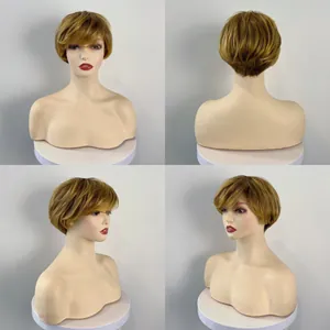 Perruque courte blonde synthétique pour femme avec frange latérale et vue de dos