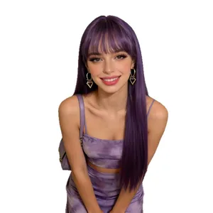 Vibrant purple long straight wig with bangs for women, high-quality synthetic hair set