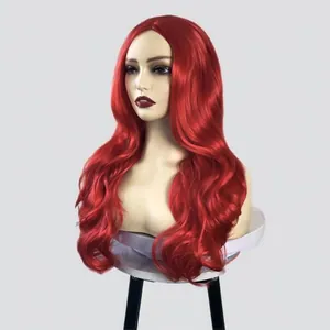 Perruque de cosplay longue et bouclée rouge avec raie au milieu et larges vagues