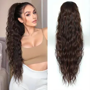 Long wavy dark brown claw clip ponytail hair extension for women with water wave texture
