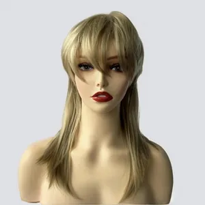 Medium-length blonde mullet wig for women featuring natural layered straight hair