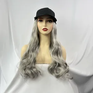 Long wavy silver gray hair wig integrated with a classic black baseball cap for women