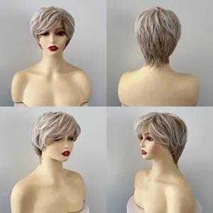 Vue multi-angle de la perruque courte pixie blond cendré avec mèches sous quatre angles