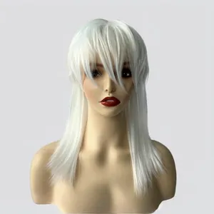 White long straight mullet wig with bangs for cosplay, layered synthetic hair style