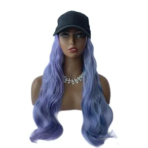 Long wavy purple gradient hair wig with black baseball cap on mannequin display