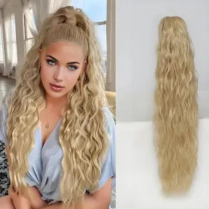 Light blonde wavy ponytail extension claw clip for voluminous synthetic long curly hair