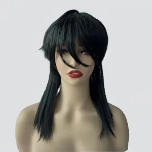 Detailed view of black medium-length layered synthetic wig with long bangs on a mannequin