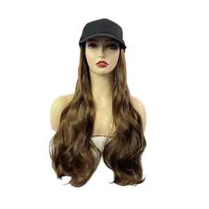 Black baseball cap with long wavy dark brown hair extensions, casual wig hat for women
