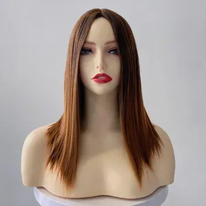 Long straight ombre synthetic bob wig for women with middle part in brown and caramel