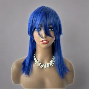 Vibrant blue medium-length straight wig with bangs displayed on a mannequin bust