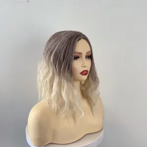 Long ombre brown to blonde wavy synthetic wig with natural water ripple layers on mannequin