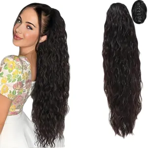 Long wavy ponytail hair extension with claw clip attachment for natural dark hair volume
