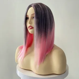 Long straight ombre wig for women with middle part in dark purple to light pink gradient