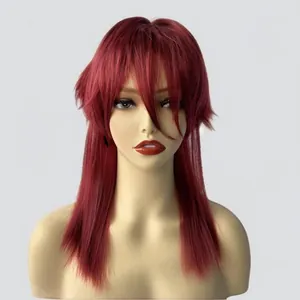 Wine red long straight wig with layers and bangs on a mannequin for Halloween cosplay