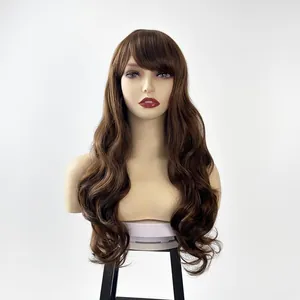 Close-up of long wavy dark brown synthetic wig with bangs on a professional model head