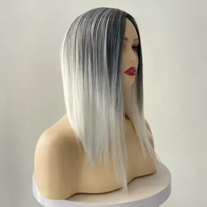 Side view of long straight synthetic wig featuring grey to white gradient hair color