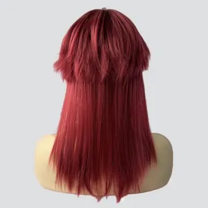 Back view of layered dark red long straight wig made of synthetic heat-resistant fiber