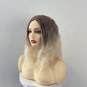 Long wavy ombre wig from dark brown to beige white on a mannequin head