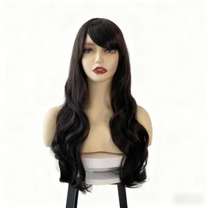 Detail of long wavy dark brown wig with side-swept bangs on a display mannequin stand