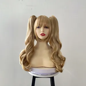 Detail view of wavy blonde wig with twin pigtails and stylish air bangs for women