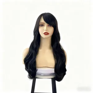 Front view of black long wavy wig with side bangs on a mannequin head stand