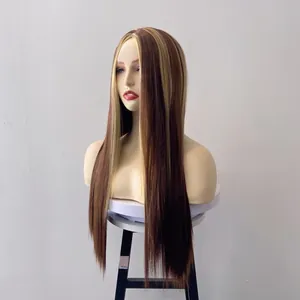 Long straight ombre wig for women featuring brown and blonde highlights on a mannequin head