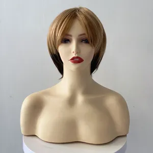 Perruque courte dégradée avec frange, tons ombré blond miel et brun pour femme