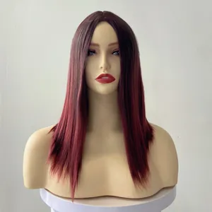Middle-part long straight wig with dark brown to burgundy red gradient hair color