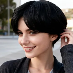 Perruque courte noire coupe bob avec raie au milieu et cheveux synthétiques naturels