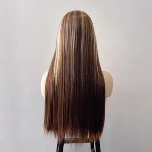 Rear view of long straight brown wig with blonde highlights on a mannequin head