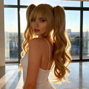 Long wavy golden blonde pigtail wig with airy bangs for a stylish feminine look