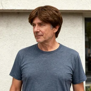 Natural dark brown men's short wig with middle part style on male model outdoors