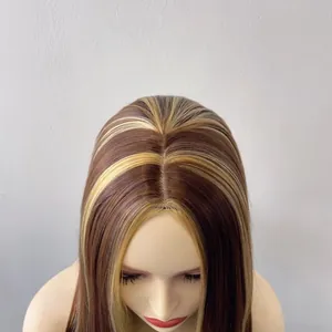 Detail view of the seamless center parting and smooth brown-blonde synthetic hair strands
