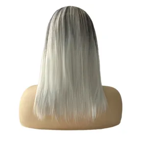 Long straight ombre wig with black roots and platinum silver grey finish on a model stand