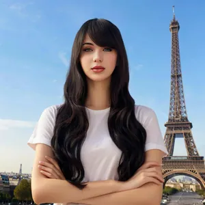 Detail of long wavy black wig with side-swept bangs against Eiffel Tower background