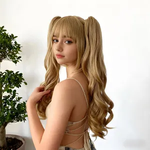 Detail of light brown long wavy wig with dual ponytails and air bangs for women