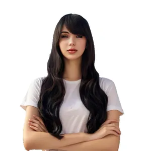 Long wavy dark brown wig with side swept bangs for women, natural synthetic hairpiece
