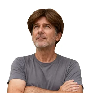 Men's dark brown short wig with natural hairline for middle-aged men on white background