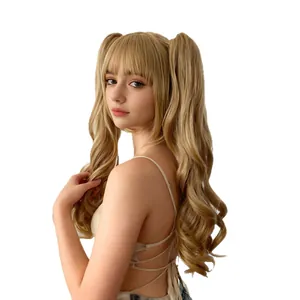 Long wavy light blonde wig with bangs and twin ponytails on white background