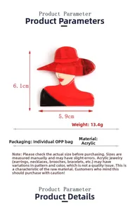 Detail view of acrylic lady brooch in red hat with marble texture and dimensions